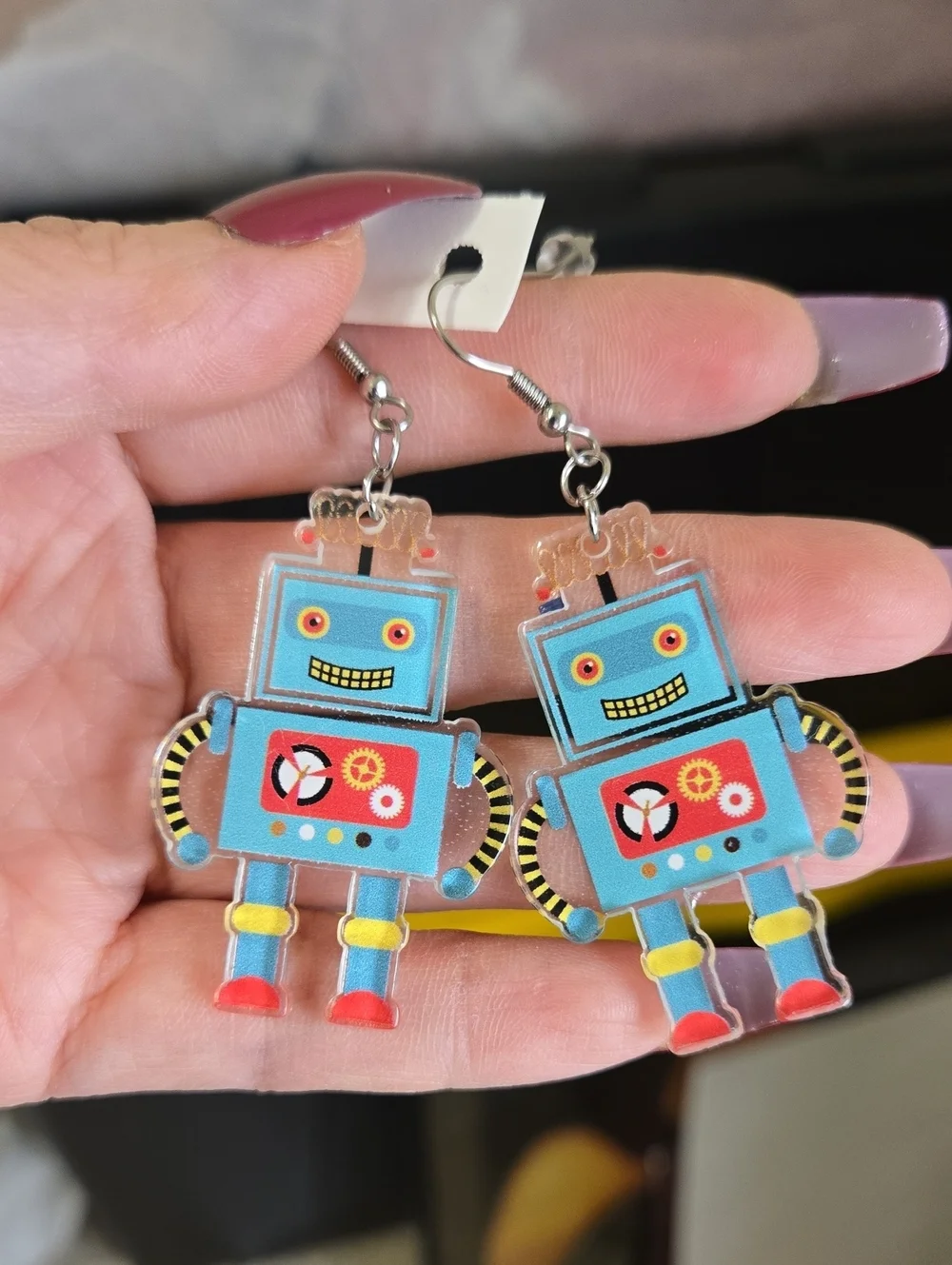 Kids Jewelry Teal Robot Dangle Earrings with Red Accents